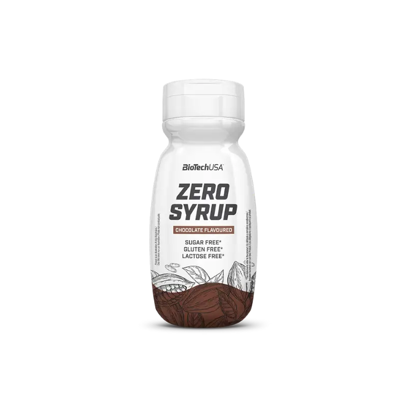 Bouteille de sirop Zero Syrup BioTechUSA goût chocolat sans sucre, sans gluten et sans lactose avec illustration de fèves de cacao sur l’étiquette