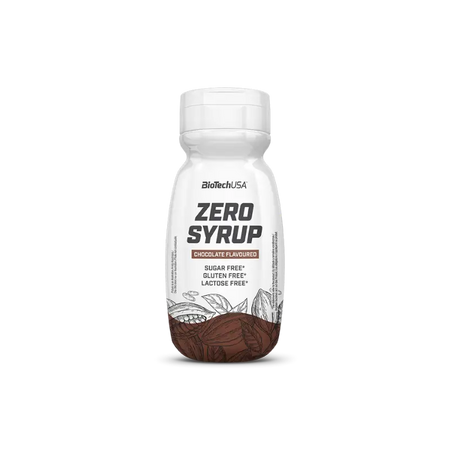 Bouteille de sirop Zero Syrup BioTechUSA goût chocolat sans sucre, sans gluten et sans lactose avec illustration de fèves de cacao sur l’étiquette