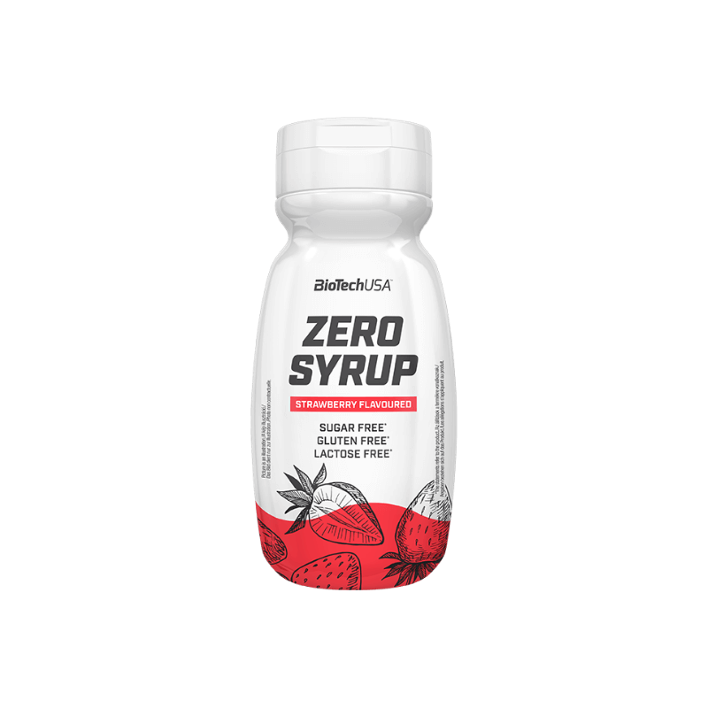 Bouteille de sirop Zero Syrup BioTechUSA saveur fraise sans sucre, sans gluten et sans lactose avec illustrations de fraises rouges sur le bas de l’étiquette