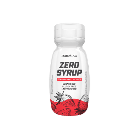 Bouteille de sirop Zero Syrup BioTechUSA saveur fraise sans sucre, sans gluten et sans lactose avec illustrations de fraises rouges sur le bas de l’étiquette