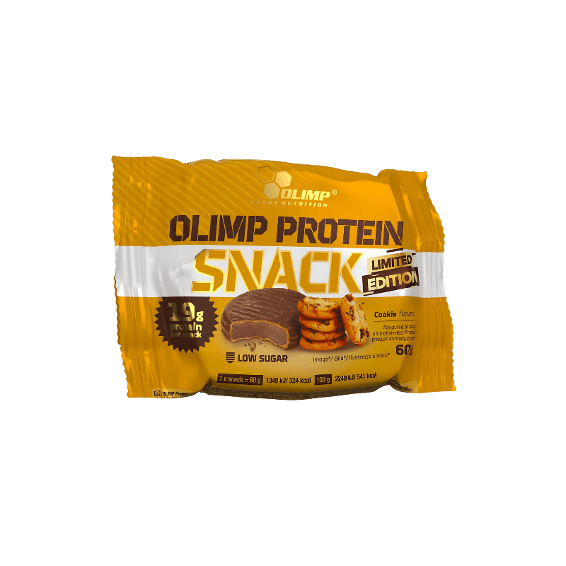 Snack protéiné Olimp Protein Snack saveur cookie, édition limitée, emballage jaune et blanc indiquant 19 g de protéines, low sugar et visuel de biscuits enrobés de chocolat
