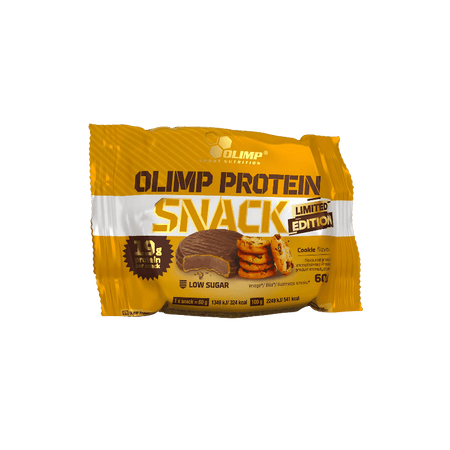 Snack protéiné Olimp Protein Snack saveur cookie, édition limitée, emballage jaune et blanc indiquant 19 g de protéines, low sugar et visuel de biscuits enrobés de chocolat