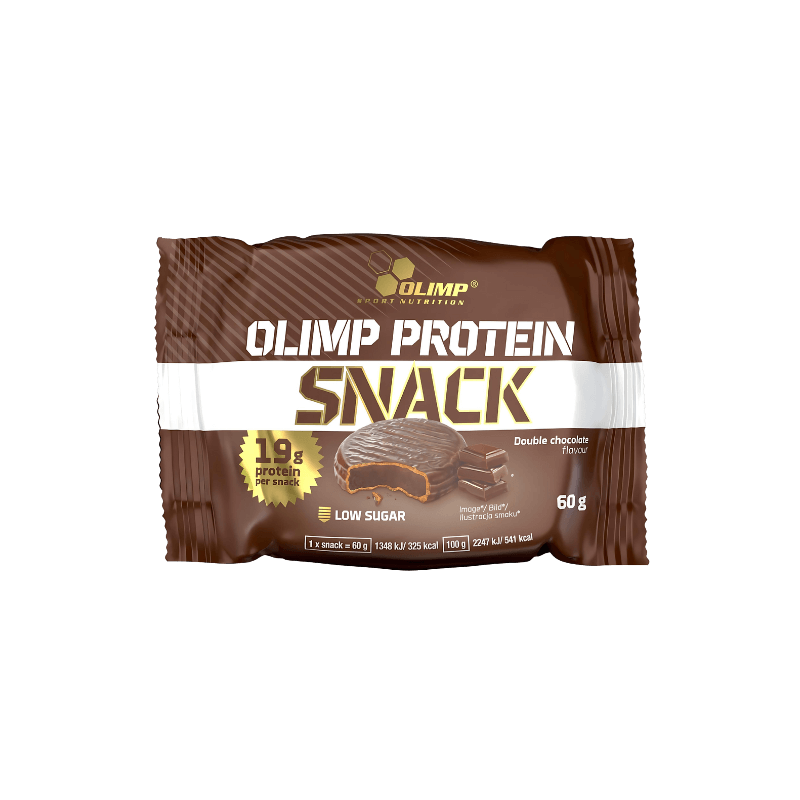 Snack protéiné Olimp Protein Snack double chocolat, enrobé de chocolat au lait sur emballage marron et blanc indiquant 19 g de protéines par snack et faible teneur en sucres