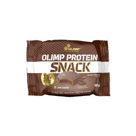 Snack protéiné Olimp Protein Snack double chocolat, enrobé de chocolat au lait sur emballage marron et blanc indiquant 19 g de protéines par snack et faible teneur en sucres