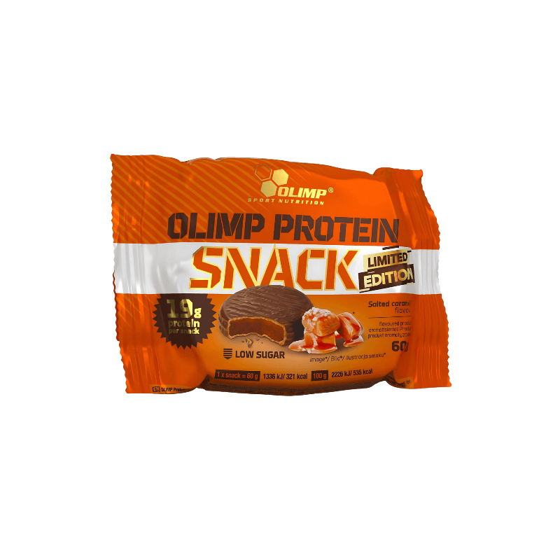 Snack protéiné Olimp Protein Snack saveur caramel salé en sachet orange et blanc, avec illustration de caramel coulant et mention 19 g de protéines par snack