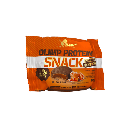 Snack protéiné Olimp Protein Snack saveur caramel salé en sachet orange et blanc, avec illustration de caramel coulant et mention 19 g de protéines par snack