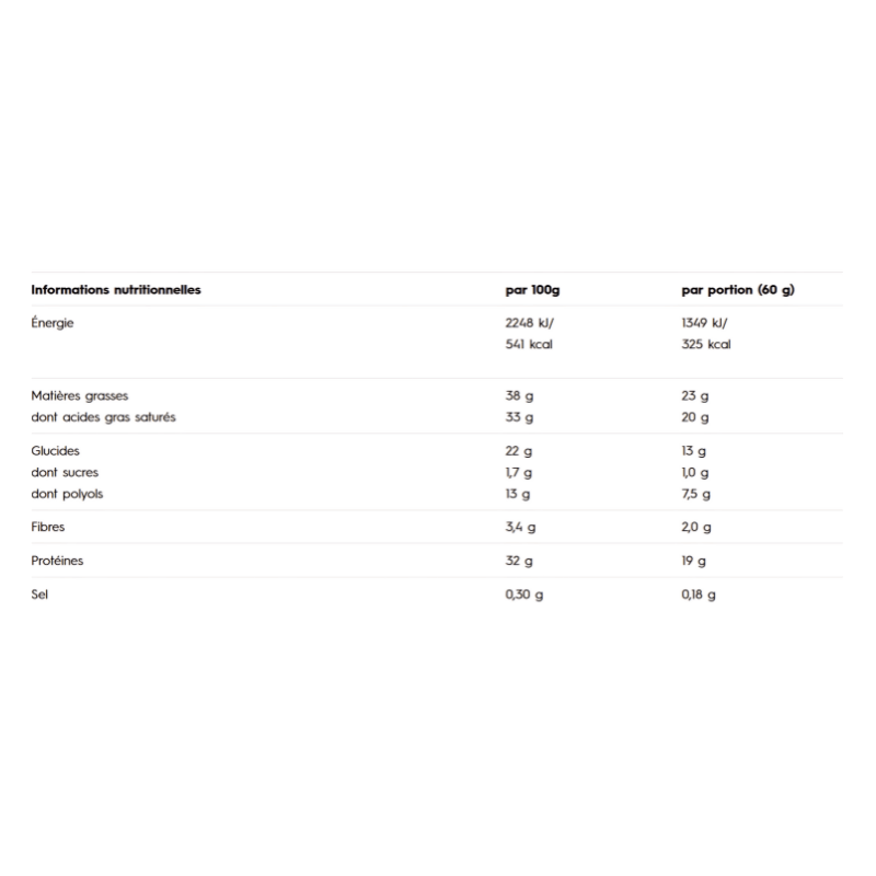 Tableau nutritionnel du snack protéiné Olimp indiquant environ 541 kcal, 38 g de lipides dont 33 g saturés, 22 g de glucides dont 1,7 g de sucres et 13 g de polyols, 3,4 g de fibres, 32 g de protéines et 0,30 g de sel pour 100 g, avec équivalents par portion de 60 g.