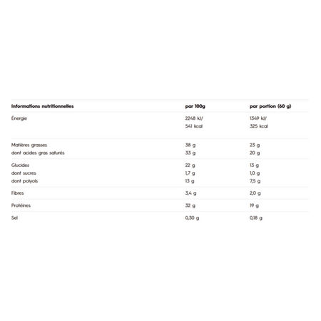 Tableau nutritionnel du snack protéiné Olimp indiquant environ 541 kcal, 38 g de lipides dont 33 g saturés, 22 g de glucides dont 1,7 g de sucres et 13 g de polyols, 3,4 g de fibres, 32 g de protéines et 0,30 g de sel pour 100 g, avec équivalents par portion de 60 g.