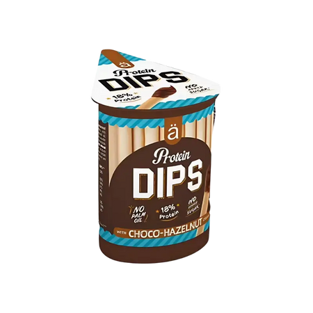 Pot de snacks Protein Dips saveur choco-noisette avec bâtonnets à tremper, mention 18% de protéines, sans huile de palme et sans sucres ajoutés sur un emballage marron, beige et bleu