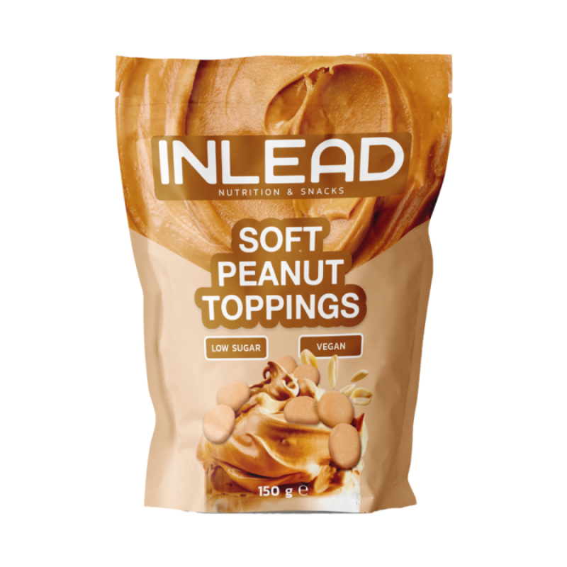 Sachet Inlead Soft Peanut Toppings 150g, pastilles de beurre de cacahuète à base d’arachides dégraissées et graisses végétales, faible teneur en sucre et adaptées aux régimes vegan pour garnir yaourts, porridges et desserts