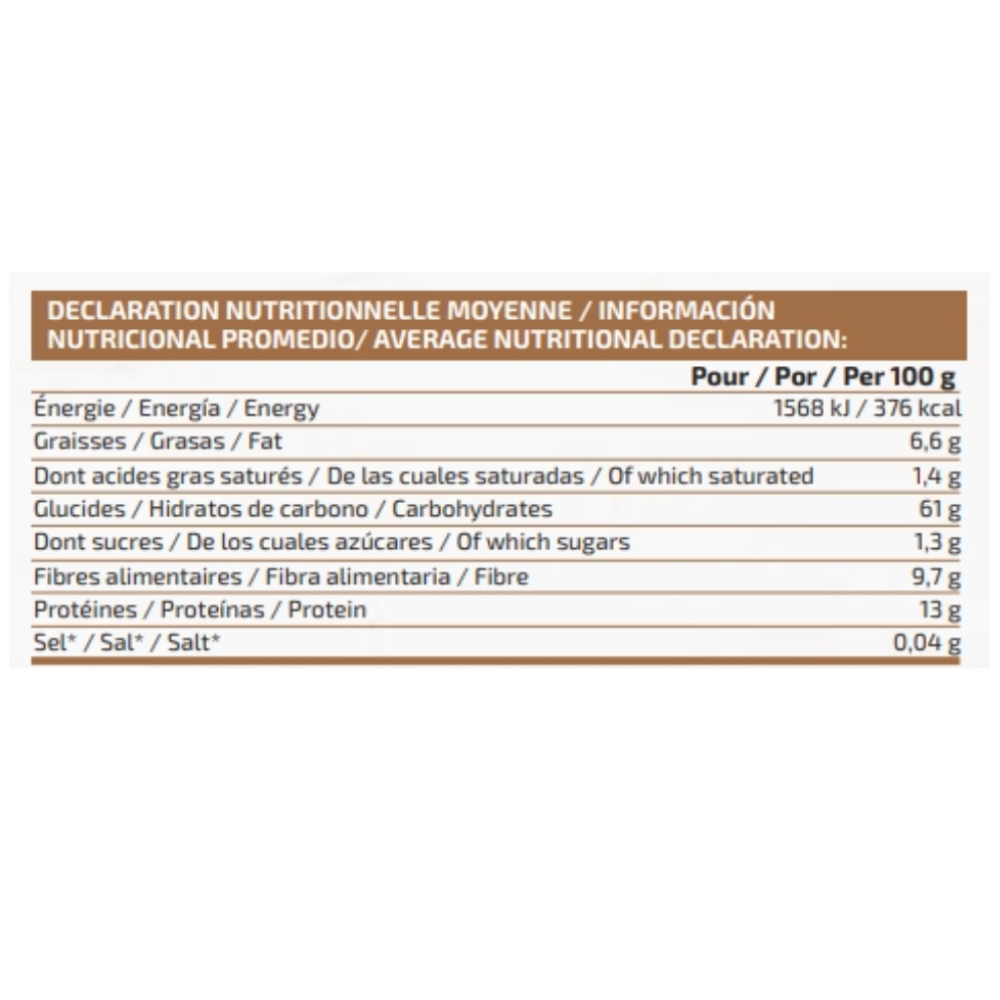Gros plan sur le tableau nutritionnel des flocons d’avoine IOGenix montrant 376 kcal, 6,6 g de graisses, 61 g de glucides, 9,7 g de fibres et 13 g de protéines pour 100 g