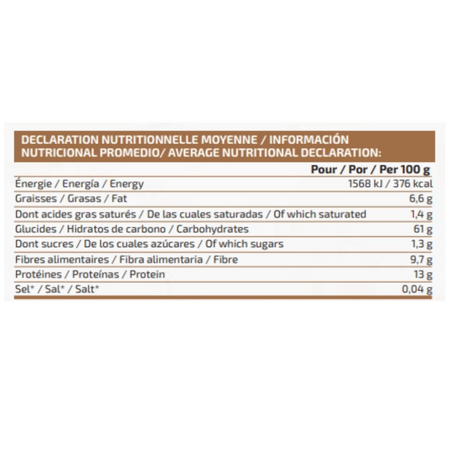 Gros plan sur le tableau nutritionnel des flocons d’avoine IOGenix montrant 376 kcal, 6,6 g de graisses, 61 g de glucides, 9,7 g de fibres et 13 g de protéines pour 100 g