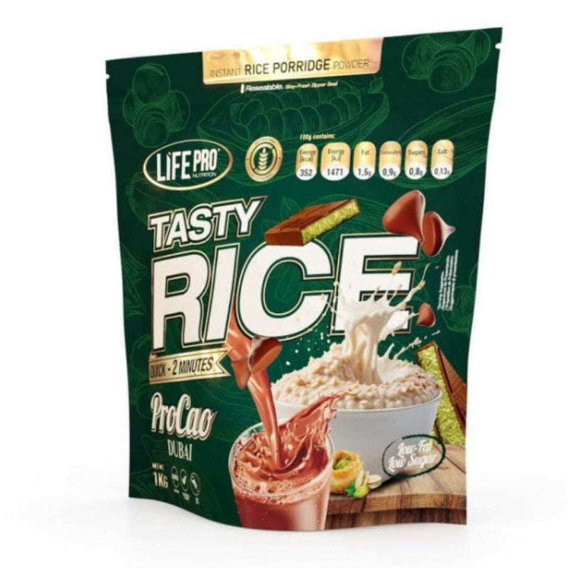 Tasty Rice Life Pro Nutrition 1kg - Crème de riz instantanée ProCao Dubai chocolat pistache faible en graisses faible en sucre | Dragon Nutrition