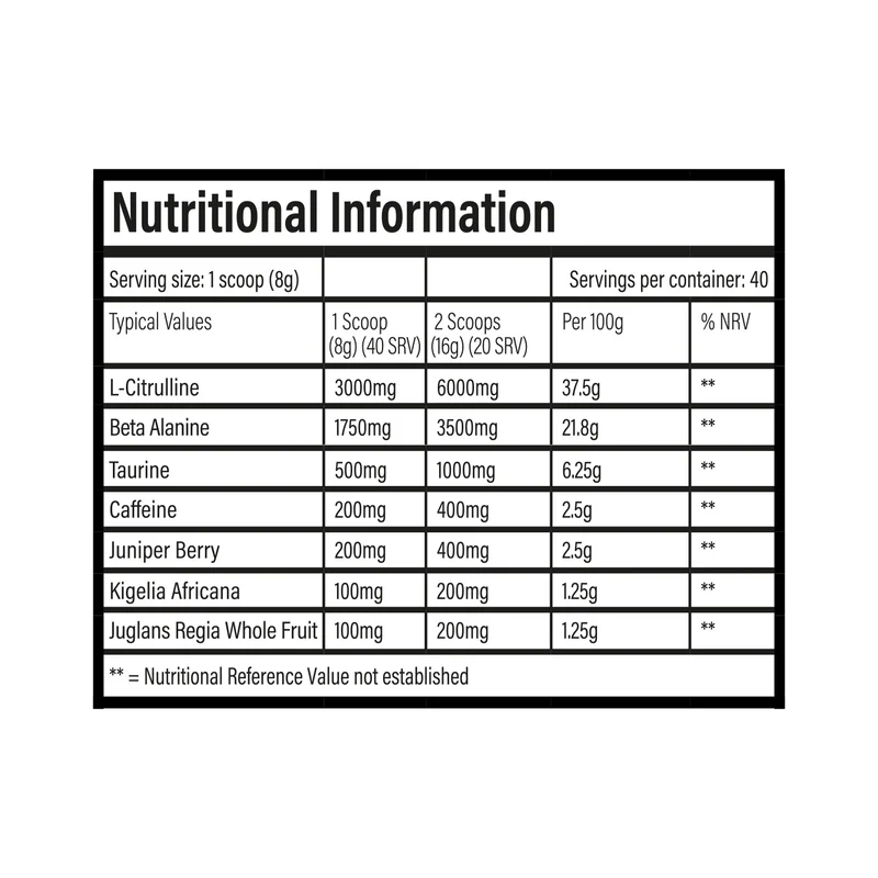 Tableau valeurs nutritionnelles TBJP Do Not Miss Pre-Workout - L-Citrulline Bêta-Alanine Caféine Taurine par portion