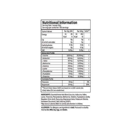 Tableau nutritionnel TBJP EAA + Hydration – profil en acides aminés essentiels et électrolytes