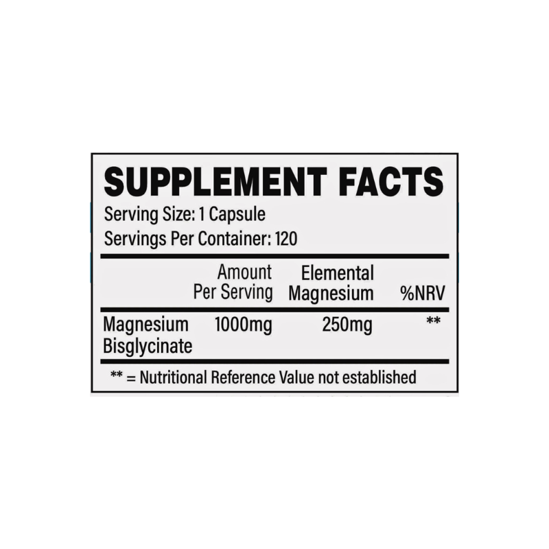Tableau supplement facts TBJP Magnesium Bisglycinate montrant 1000mg de bisglycinate fournissant 250mg de magnésium élémentaire par gélule, 120 servings par flacon