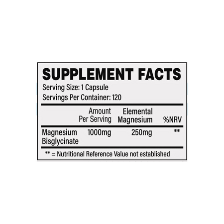 Tableau supplement facts TBJP Magnesium Bisglycinate montrant 1000mg de bisglycinate fournissant 250mg de magnésium élémentaire par gélule, 120 servings par flacon