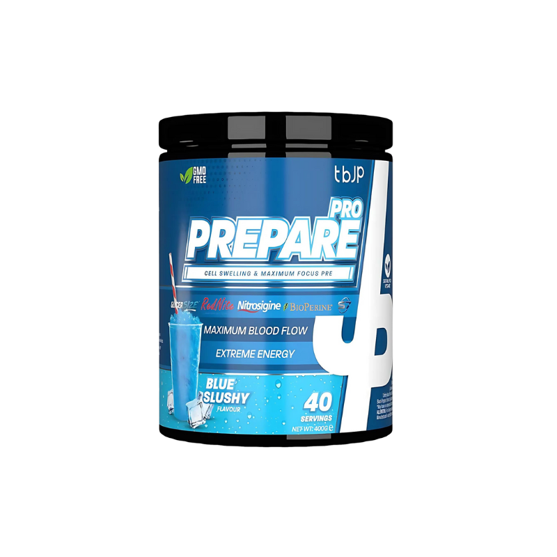 Pot TBJP Prepare Pro Pre-Workout saveur Blue Slushy, booster vasculaire 400g, 40 doses
