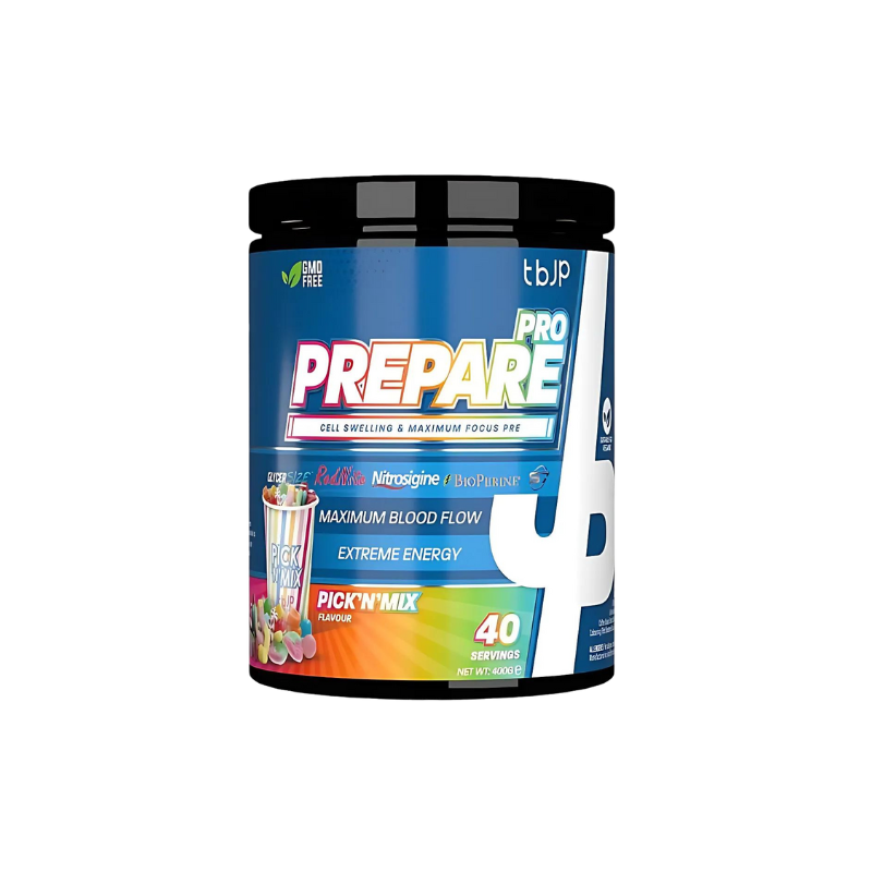 Pot TBJP Prepare Pro Pre-Workout saveur Pick’n’Mix, complément performance cellulaire 400g