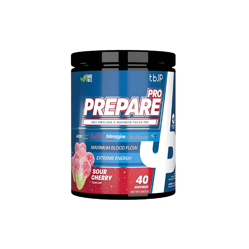 Pot TBJP Prepare Pro Pre-Workout saveur Sour Cherry, booster énergie vasodilatateur 400g