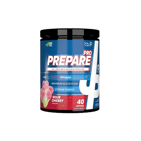 Pot TBJP Prepare Pro Pre-Workout saveur Sour Cherry, booster énergie vasodilatateur 400g
