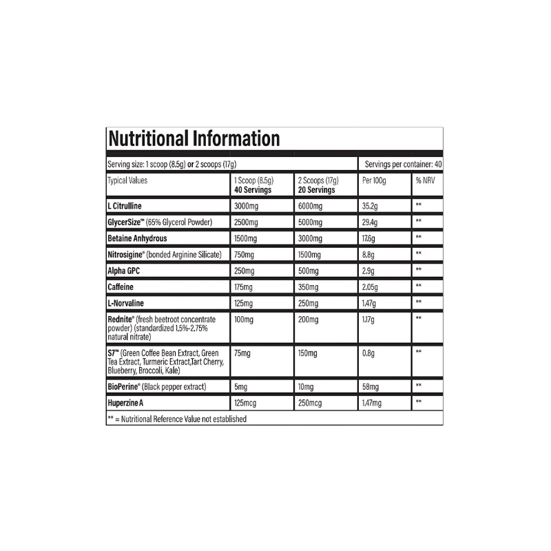 Tableau nutritionnel TBJP Prepare Pro Pre-Workout : citrulline, caféine, Glycersize, dosages par prise