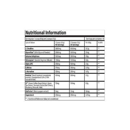 Tableau nutritionnel TBJP Prepare Pro Pre-Workout : citrulline, caféine, Glycersize, dosages par prise