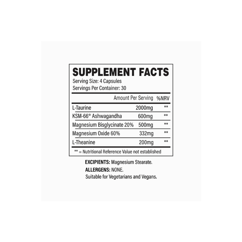 Tableau supplement facts TBJP Unwind montrant par 4 capsules 2000mg de taurine, 600mg d’ashwagandha KSM-66, 500mg de magnésium bisglycinate 20%, 332mg d’oxyde de magnésium et 200mg de L-théanine