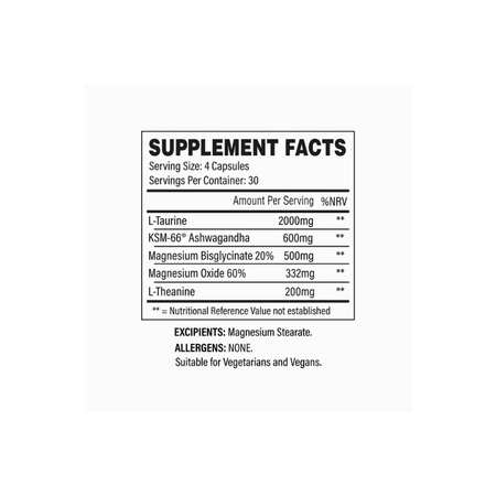 Tableau supplement facts TBJP Unwind montrant par 4 capsules 2000mg de taurine, 600mg d’ashwagandha KSM-66, 500mg de magnésium bisglycinate 20%, 332mg d’oxyde de magnésium et 200mg de L-théanine