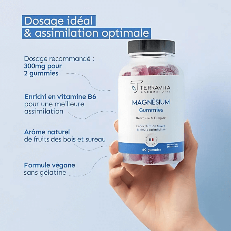 Visuel Terravita indiquant dosage idéal 300mg de magnésium pour 2 gummies, enrichi en vitamine B6, arôme fruits des bois et sureau, formule végane sans gélatine