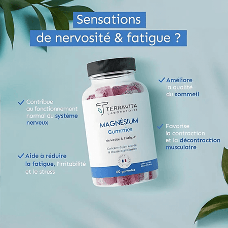 Visuel Terravita Magnésium Gummies 60 gummies montrant les bienfaits sur le système nerveux, la fatigue, le stress, le sommeil et la décontraction musculaire