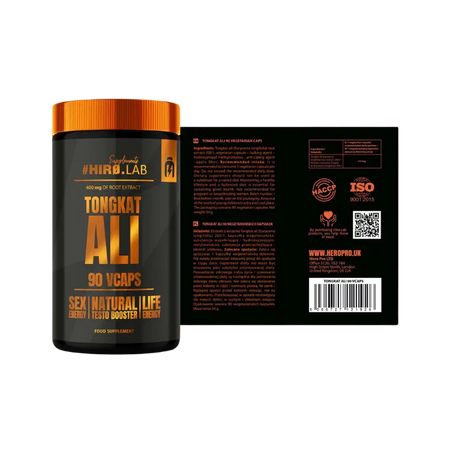 Pot Hiro.Lab Tongkat Ali présenté avec l’emballage arrière détaillant ingrédients, recommandations d’utilisation et logos HACCP et ISO 9001