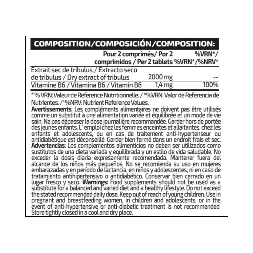 Tableau de composition IO Genix Tribulus indiquant pour 2 comprimés 2000 mg d’extrait sec de tribulus et 1,4 mg de vitamine B6 soit 100% des valeurs de référence