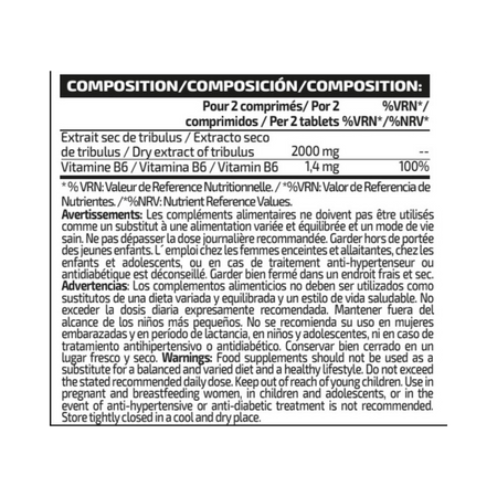 Tableau de composition IO Genix Tribulus indiquant pour 2 comprimés 2000 mg d’extrait sec de tribulus et 1,4 mg de vitamine B6 soit 100% des valeurs de référence
