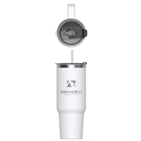 Gobelet isotherme jumbo Dragon Nutrition blanc avec couvercle hermétique et paille réutilisable