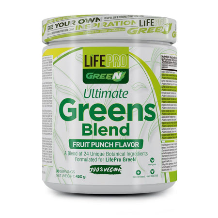 Pot LifePro Green Ultimate Greens Blend goût fruit punch 450 g, mélange de 24 ingrédients botaniques et superaliments 100% végan pour soutenir vitalité et bien-être digestif