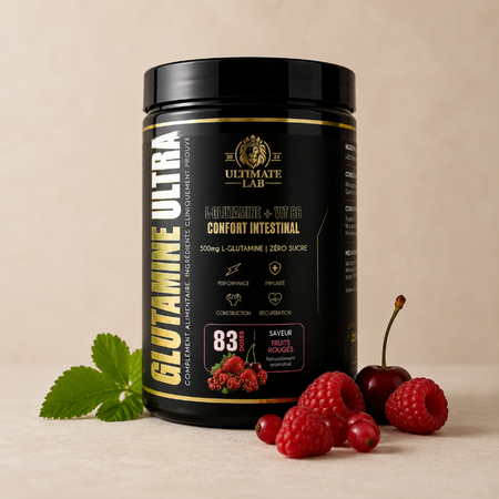 Ultimate Lab Glutamine Ultra L-Glutamine vitamine B6 confort intestinal saveur fruits rouges 83 doses - Dragon Nutrition