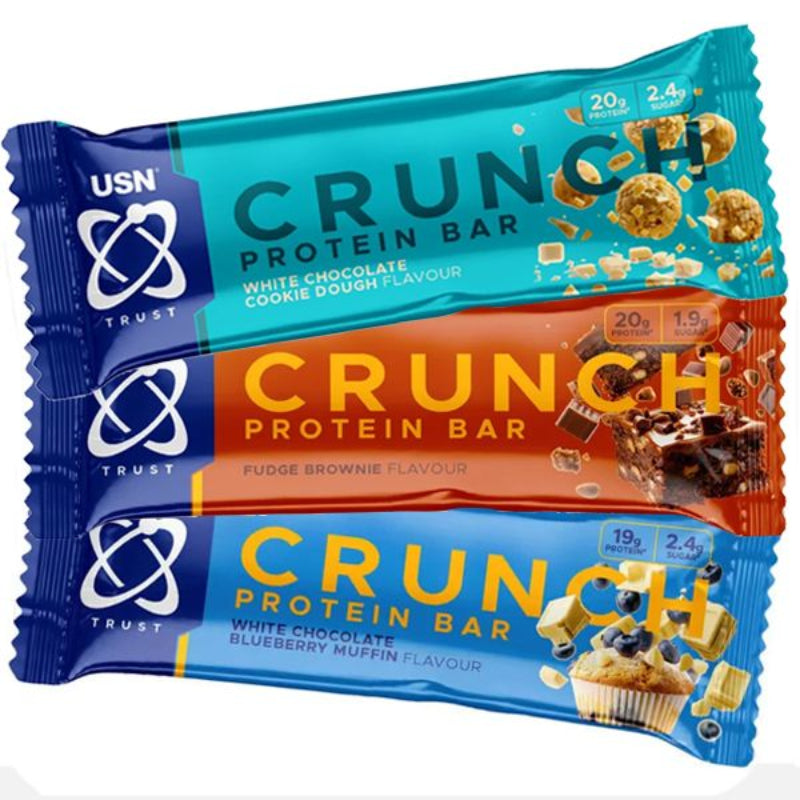 USN Trust Crunch Protein Bar 3 saveurs cookie dough fudge brownie blueberry muffin 20g protéines - Dragon Nutrition