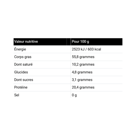 Tableau des valeurs nutritives pour 100 g de crème protéinée IO Genix indiquant énergie, lipides totaux et saturés, glucides, sucres, protéines et sel