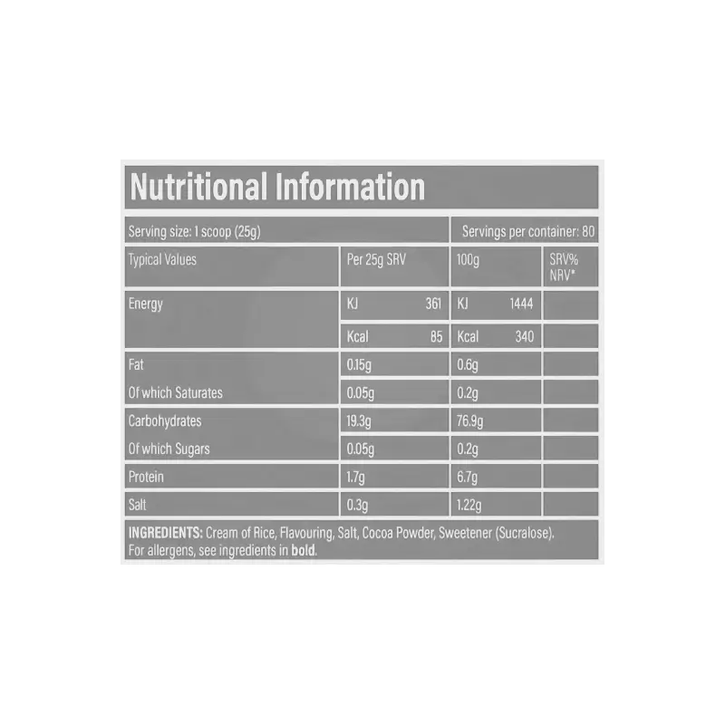 Tableau d’informations nutritionnelles Cream of Rice TBJP indiquant énergie, glucides, sucres, protéines, matières grasses et sel pour 25 g et pour 100 g de produit