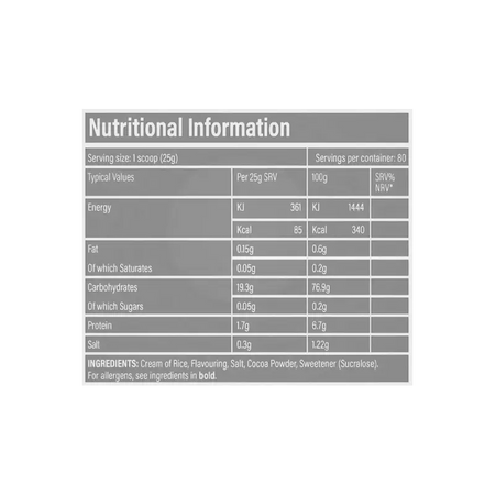 Tableau d’informations nutritionnelles Cream of Rice TBJP indiquant énergie, glucides, sucres, protéines, matières grasses et sel pour 25 g et pour 100 g de produit