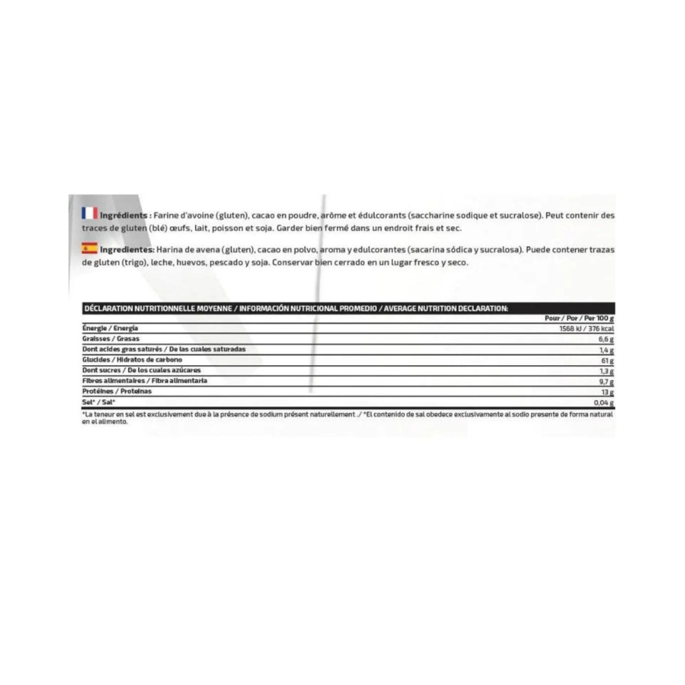 Tableau d’informations nutritionnelles des flocons d’avoine IOGenix Delicious Oat Flakes indiquant énergie, graisses, glucides, sucres, fibres, protéines et sel pour 100 g