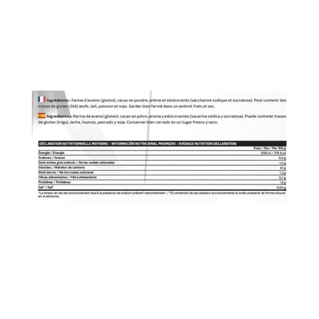 Tableau d’informations nutritionnelles des flocons d’avoine IOGenix Delicious Oat Flakes indiquant énergie, graisses, glucides, sucres, fibres, protéines et sel pour 100 g