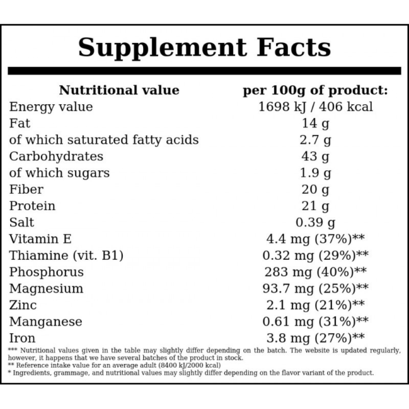 Tableau des informations nutritionnelles du granola protéiné Go On indiquant calories, lipides, glucides, sucres, fibres, protéines, sel et teneurs en vitamines et minéraux pour 100 g de produit