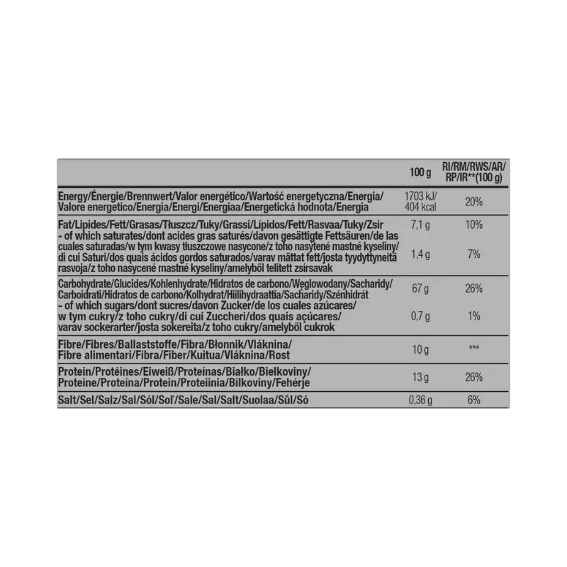 Tableau d’informations nutritionnelles des flocons d’avoine Instant Oats BiotechUSA indiquant énergie, graisses, glucides, sucres, fibres, protéines et sel pour 100 g