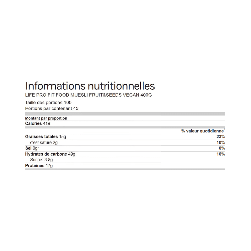 Tableau d’informations nutritionnelles du muesli Life Pro Fruits & Seeds indiquant calories, graisses totales, hydrates de carbone, sucres, protéines et sel pour une portion