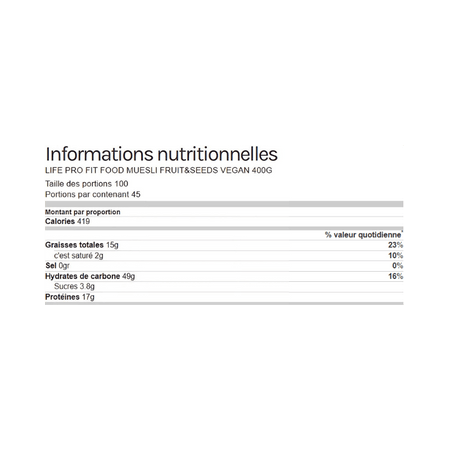 Tableau d’informations nutritionnelles du muesli Life Pro Fruits & Seeds indiquant calories, graisses totales, hydrates de carbone, sucres, protéines et sel pour une portion