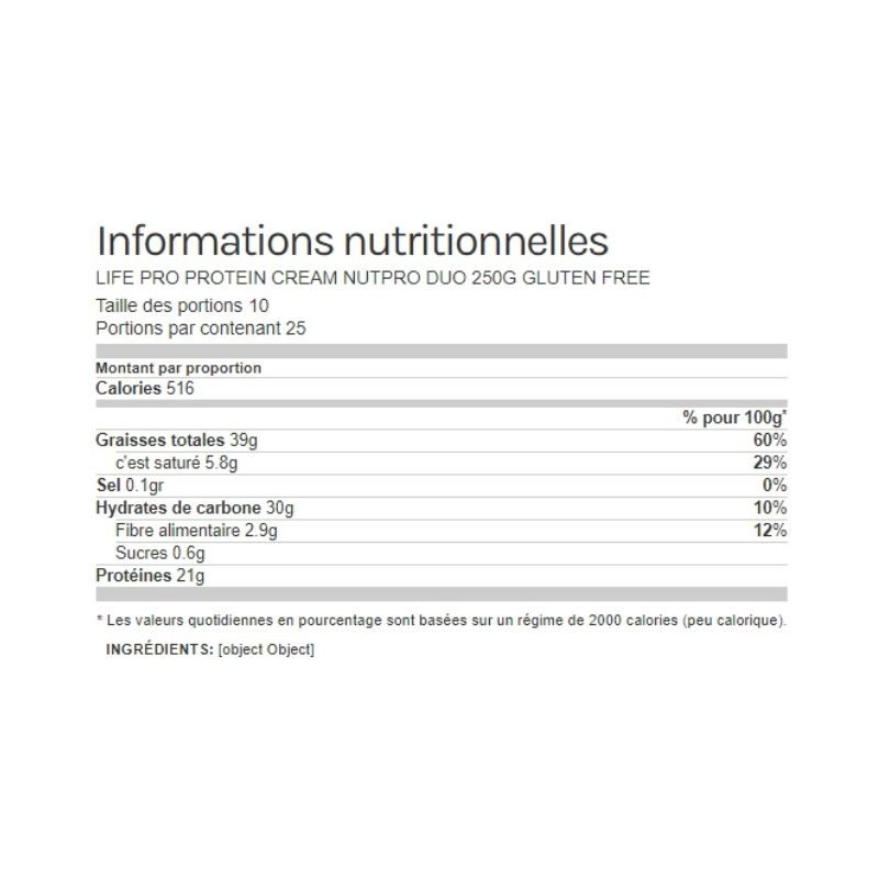Tableau rapproché des informations nutritionnelles de la pâte à tartiner Life Pro Nutpro Duo sans gluten indiquant calories, matières grasses, glucides, fibres, sucres et protéines pour 100 g