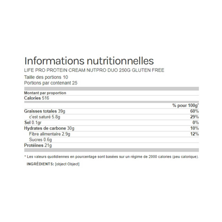 Tableau rapproché des informations nutritionnelles de la pâte à tartiner Life Pro Nutpro Duo sans gluten indiquant calories, matières grasses, glucides, fibres, sucres et protéines pour 100 g