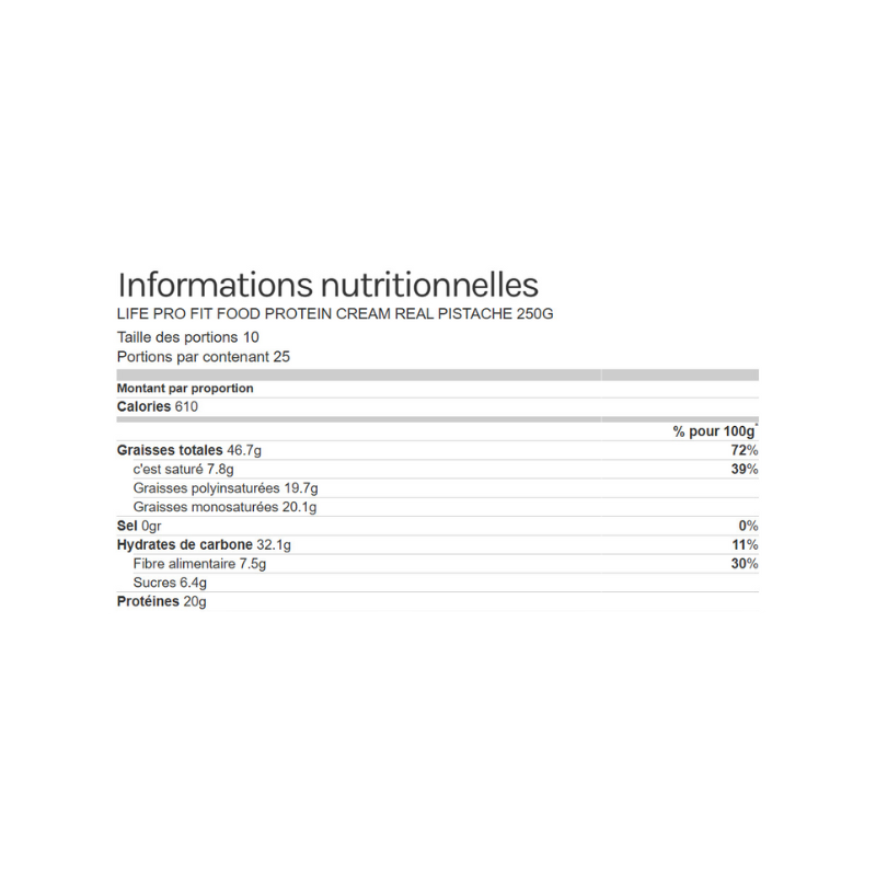 Tableau en français des informations nutritionnelles de la pâte à tartiner protéinée Life Pro pistache indiquant calories, graisses, glucides, fibres, sucres et protéines par portion